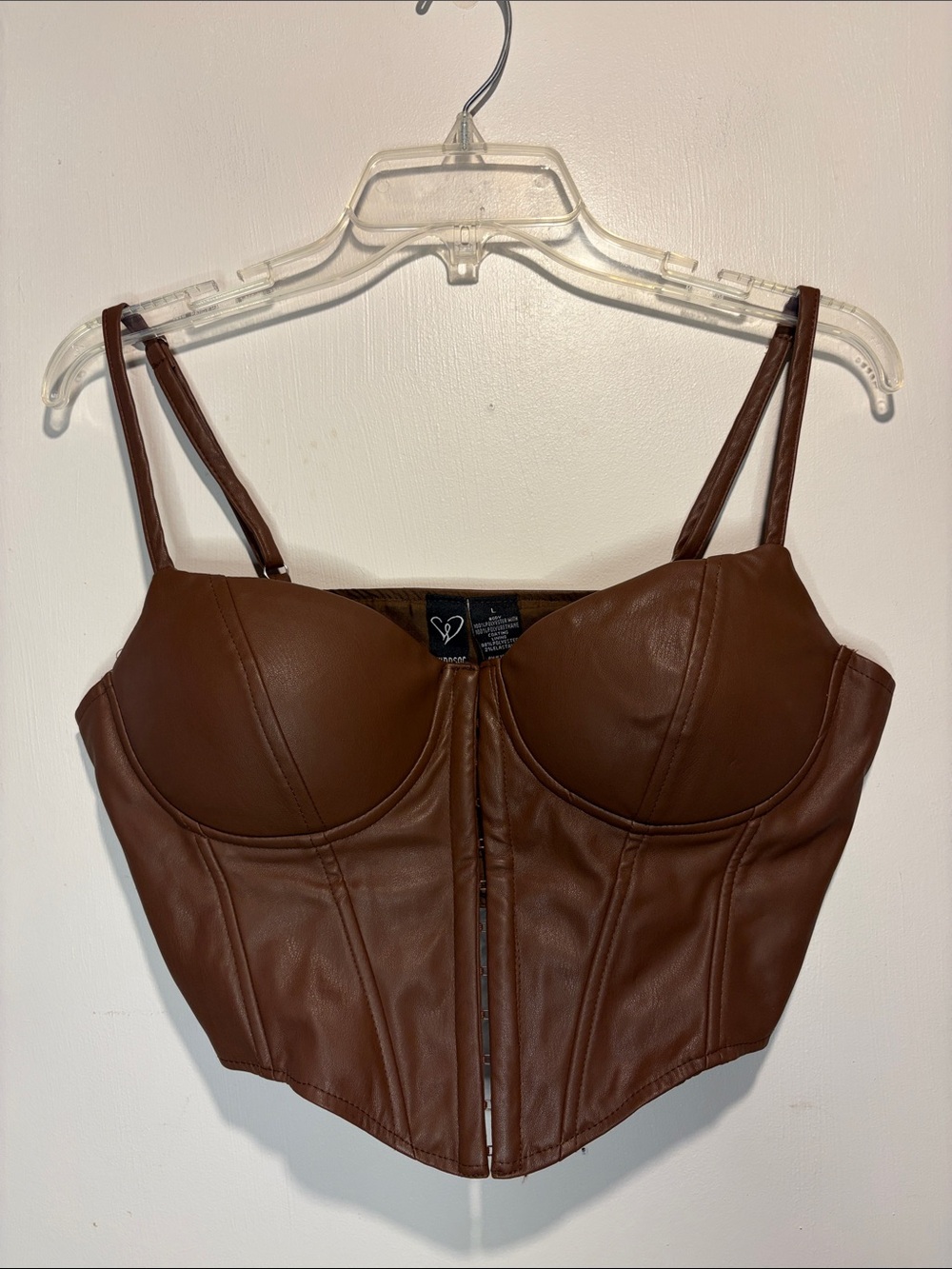 Windsor Dark Brown Faux Leather Crop Corset Tank Front Clasp Closure Size L